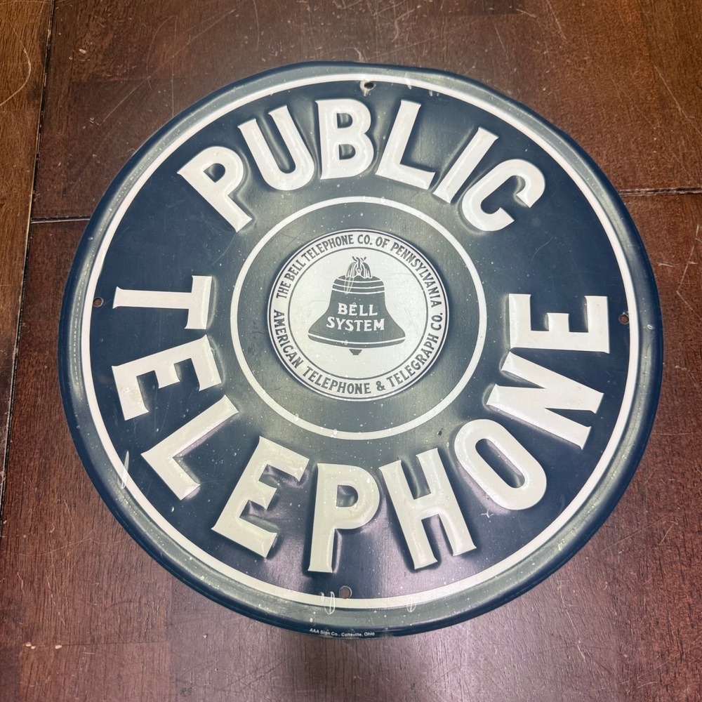 Bell System Public Telephone Sign 12 Inch Blue Embossed Metal AAA Sign Co